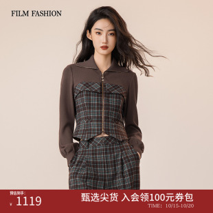 好看高级慵懒正品 一电影一时装 毛织拼接上衣女士慵懒开衫 新款 冬季