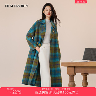 一电影一时装冬季新款绵羊毛双面呢长款大衣外套格纹保暖时尚女士