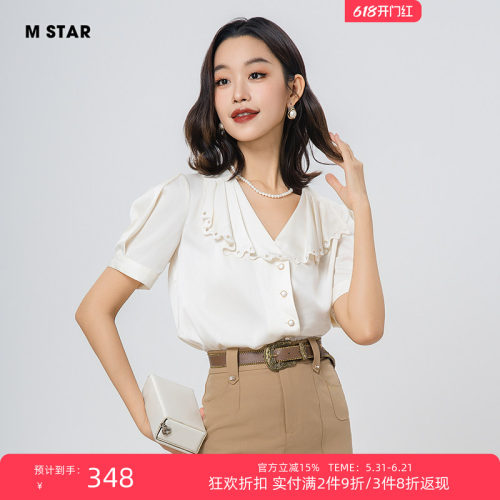 【3件8折】M STAR夏季新款法式绣花小翻领缎敢短袖衬衫上衣女流行