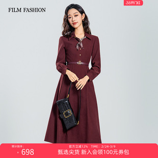 一电影一时装春季新款复古优雅气质红色长袖中长款连衣裙女收腰