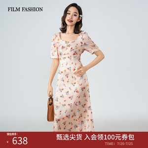 一电影一时装短袖提花百合花开叉中长款连衣裙女旗袍显瘦裙子春夏