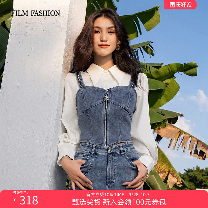 一电影一时装春秋新款假两件牛仔拼接莱赛尔衬衫上衣女款独特图片