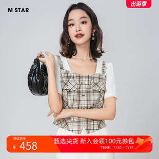 上衣女 STAR夏季 新款 复古气质撞色假两件方领格纹小衫