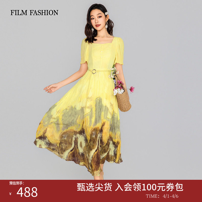 一电影一时装夏季新款印花连衣裙中长款短袖拼接度假休闲时尚女士