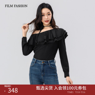 一电影一时装早秋新款衬衫荷叶边气质上衣露肩长袖收腰时尚女士