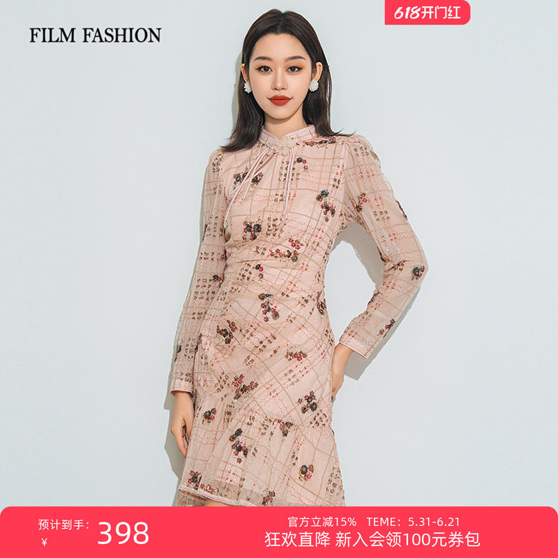 【狂欢直降】一电影一时装冬季新款新中式旗袍蕾丝连衣裙女士婚宴