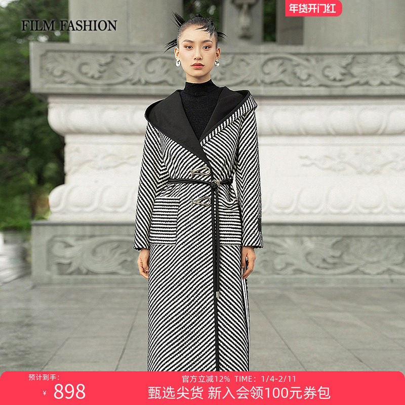 一电影一时装冬季复古条纹长款呢料大衣新款外套女款独特超好看,女装/女士精品,毛呢外套,淘宝优惠券,粉丝福利购,淘宝优惠卷