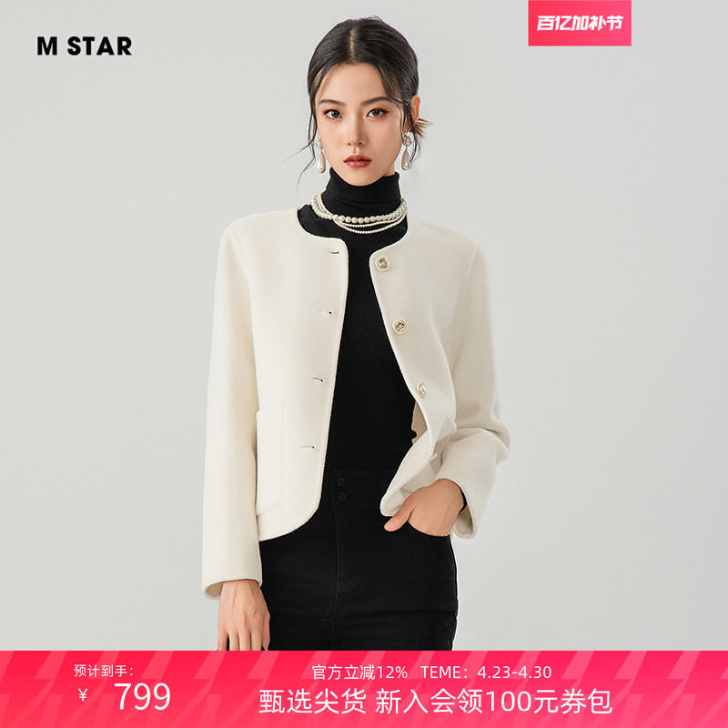 M STAR冬季新款双面呢外套100%羊毛短外套白色长袖修身口袋好看女