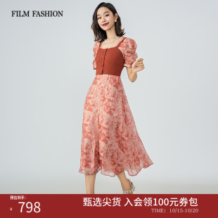 方领中长款 新款 假两件连衣裙女高级好看流行气质 夏季 一电影一时装