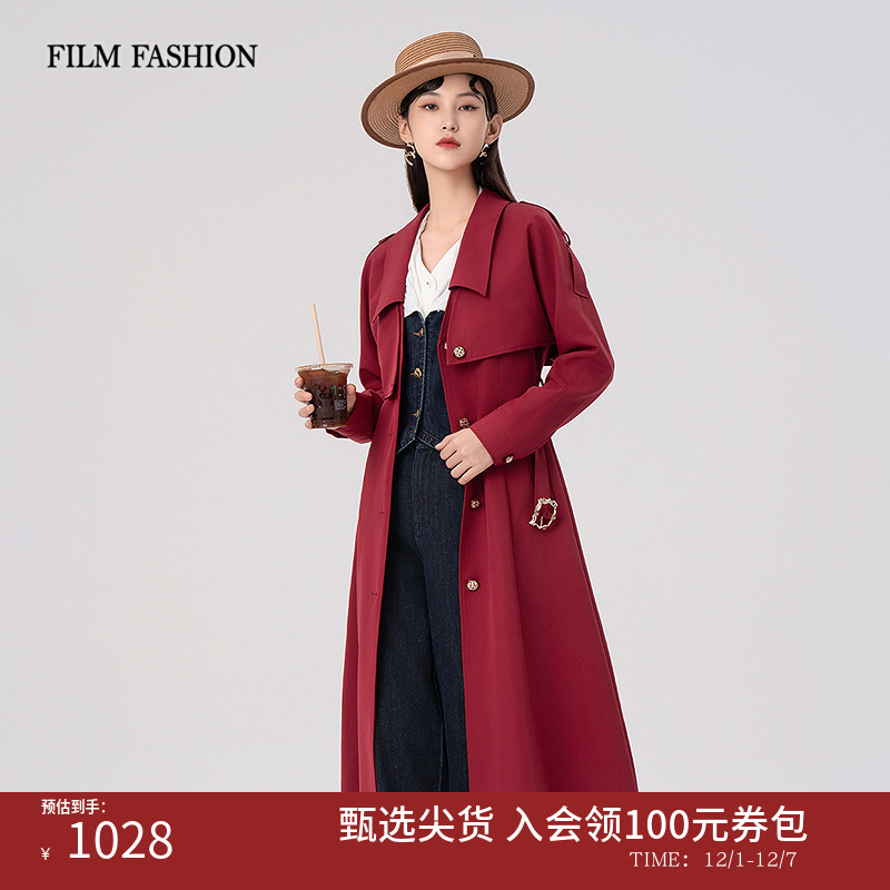 春秋通勤新款红色风衣式外套女士