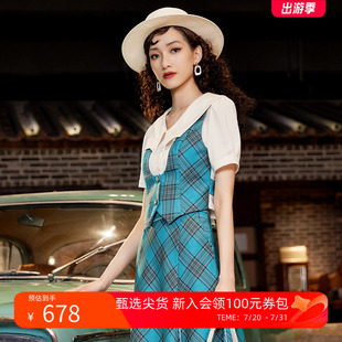 春夏梭织假两件衬衫 一电影一时装 女复古格纹上衣