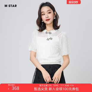 M STAR夏季新中式网纱套头两件套泡泡袖针织上衣衬衫女士气质休闲
