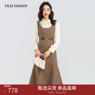 一电影一时装2026早春新款假两件连衣裙格纹裙子收腰高级时尚女士