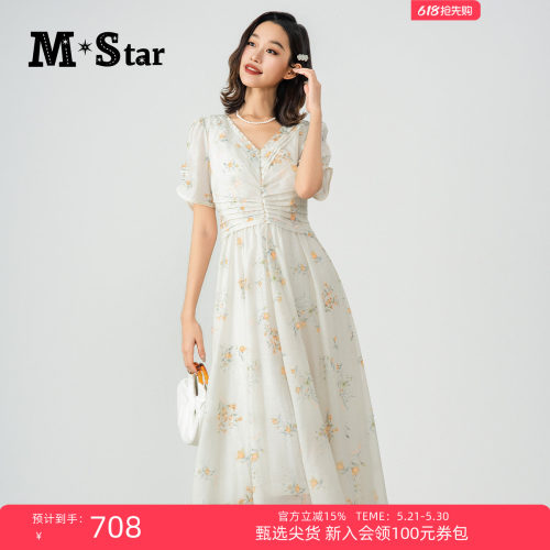 M STAR夏季新款法式度假风V领印花连衣裙女款独特超好看的裙子