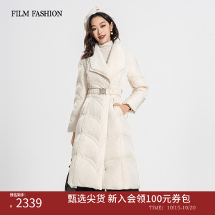 一电影一时装冬季新款羽绒服外套鹅绒中长款保暖收腰毛领白色女士