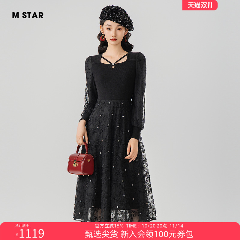 M STAR冬季新款蕾丝连衣裙女士高级流行好看气质风格法式海边今年