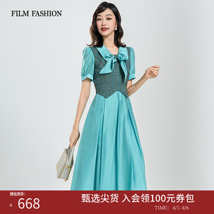 一电影一时装 莱赛尔天丝假两件格纹连衣裙女气质好看流行 夏季