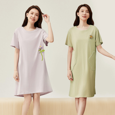 顶瓜瓜纯棉亲肤透气短袖女士睡裙顶呱呱半夏女士汗布圆领家居裙