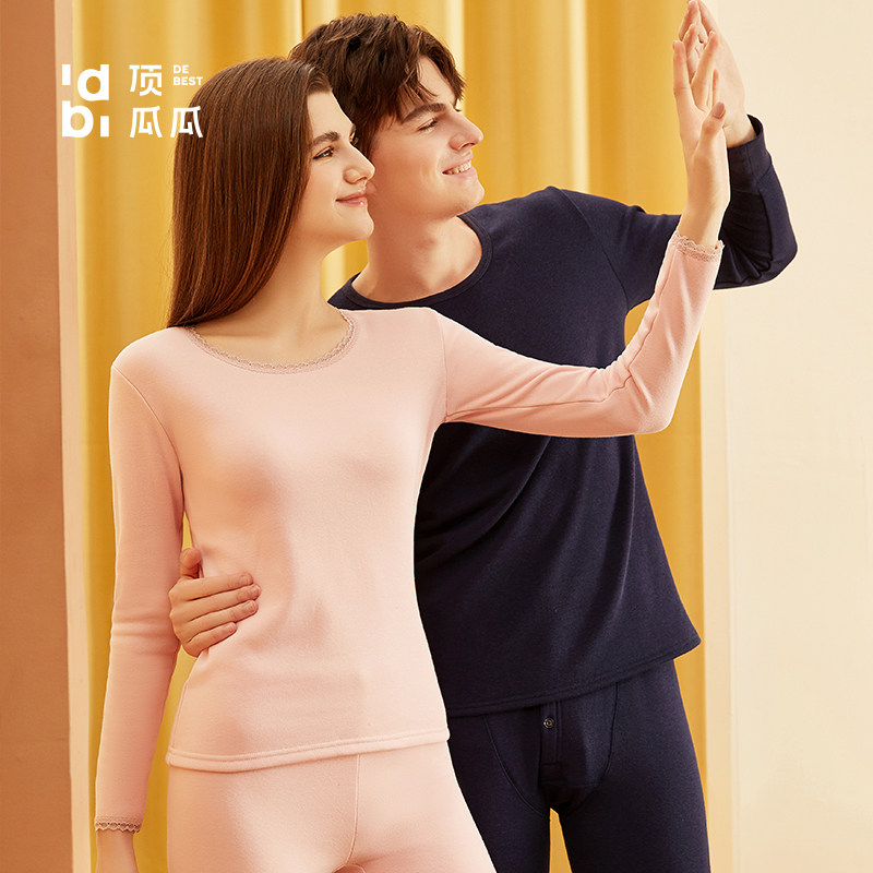 顶瓜瓜秋冬情侣保暖内衣套装加绒加厚蕾丝边圆领男女秋衣秋裤套装