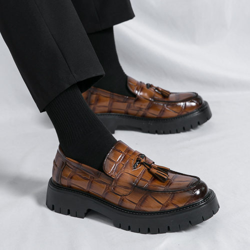 棕色大头皮鞋男休闲英伦新郎婚鞋软底商务正装潮鞋子厚底圆头皮鞋