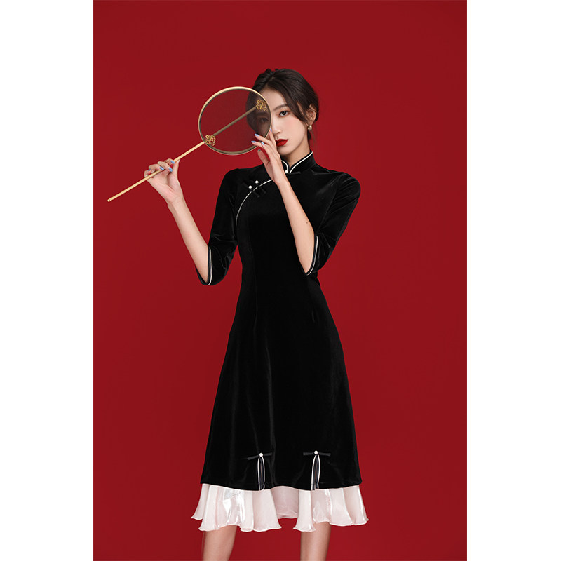 雯卿黑色金丝绒年轻款少女改良版老上海旗袍2021年新款国潮连衣裙