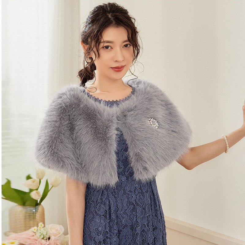 仿皮草毛毛披肩女秋冬敬酒礼服披风配旗袍外搭保暖新娘斗篷88176