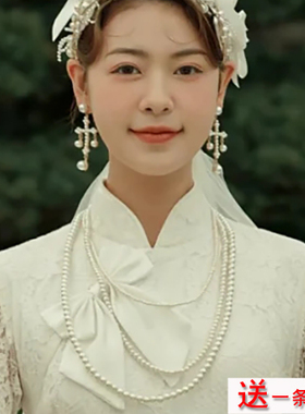 搭配旗袍珍珠项链女士多层锁骨链
