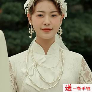 搭配旗袍珍珠项链配婚纱礼服颈链子女士多层锁骨链中长款项圈734
