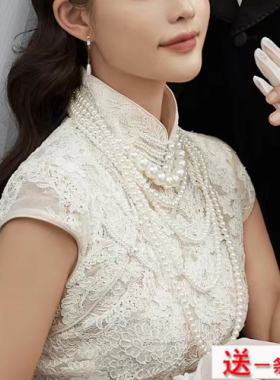 搭配旗袍珍珠项链女士多层叠戴颈链子锁骨链子中长款结婚饰品265