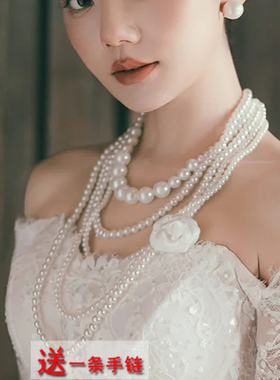 多层大珍珠项链配礼服颈链女士五层锁骨链中长款毛衣链配饰品618