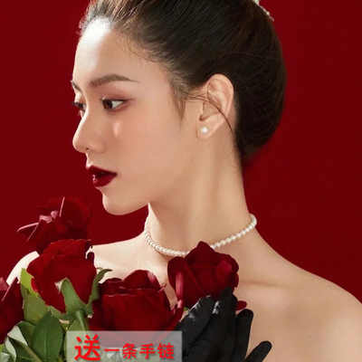 叠戴珍珠项链女款脖颈链锁骨链choker女士毛衣链轻奢百搭项饰1472