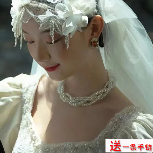 多层百搭珍珠项链配饰品女士新娘婚纱颈链锁骨链毛衣链chocker298