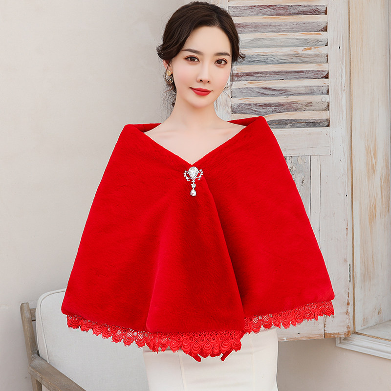 春秋冬仿皮草毛毛披肩保暖结婚新娘斗篷披风礼服斗蓬旗袍外搭P695