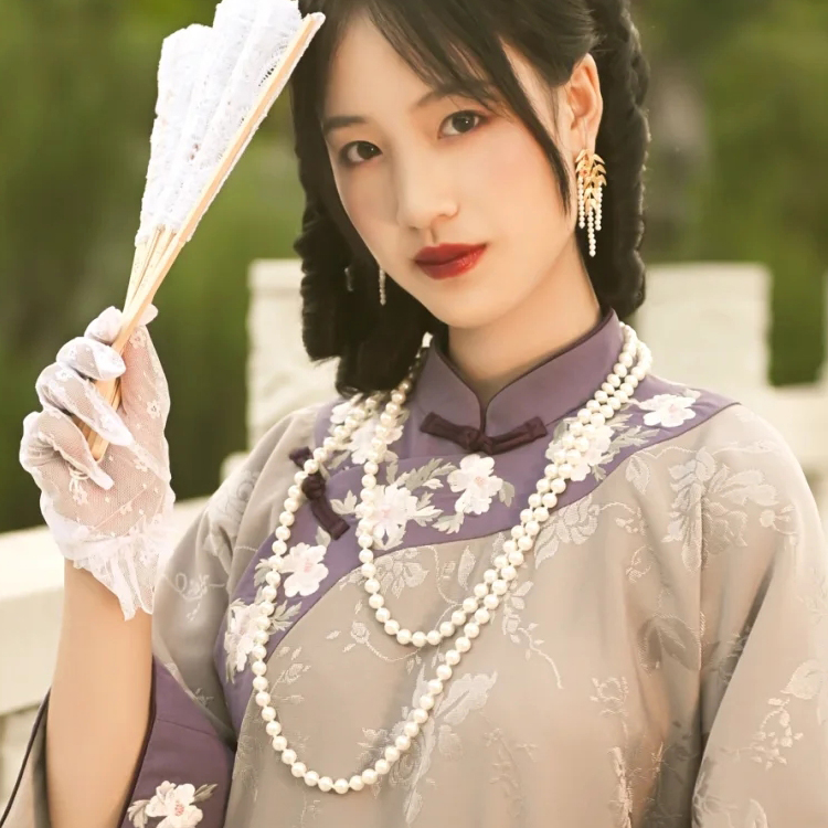 搭配旗袍的珍珠项链双层多层配饰