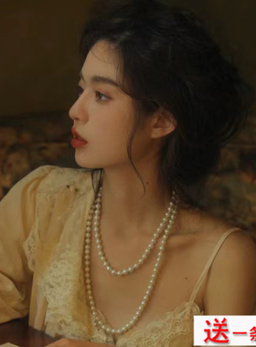 白色多层珍珠项链女款简约颈链子锁骨链中长款毛衣链拍照饰品058