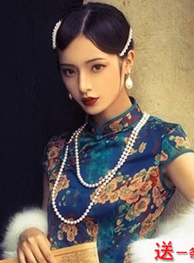 配旗袍珍珠项链女士多层叠戴项饰中长款毛衣链子摄影拍照饰品1564