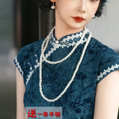 旗袍珍珠项链旗袍配饰新中式长款毛衣链女款锁骨链双层长颈链761