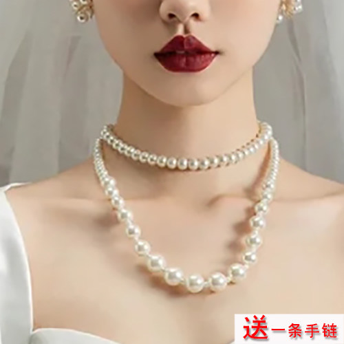 新款饰品多层珍珠项链短款百搭颈链夏季双层叠戴锁骨链子女士454