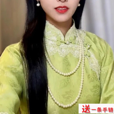 搭配旗袍珍珠项链妈妈款多层颈链锁骨链子女款双层长款毛衣链1074