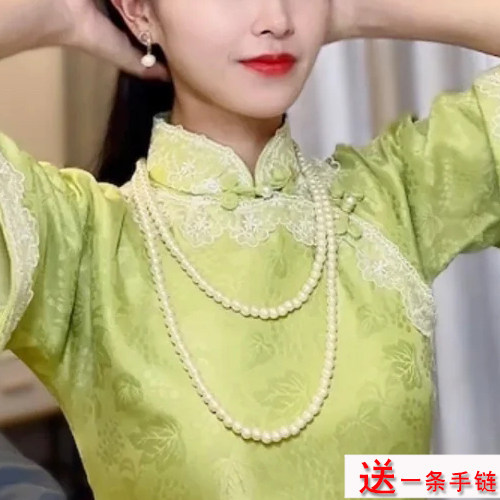 双层珍珠项链配旗袍配饰品多层颈链中长款锁骨链子女款毛衣链1074图片