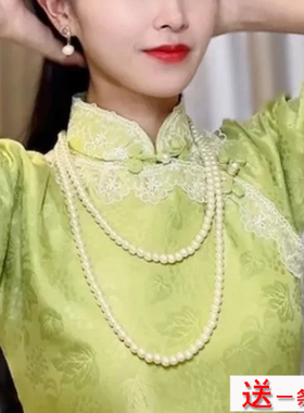 双层珍珠项链配旗袍配饰品多层颈链中长款锁骨链子女款毛衣链1074