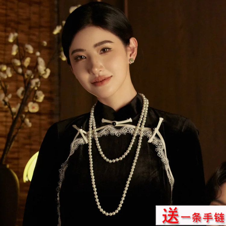 夏季多层珍珠项链配旗袍配饰品女士多层叠戴颈链中长款锁骨链1446图片