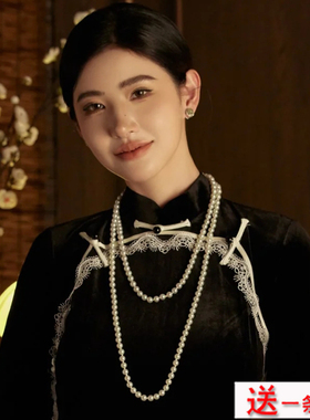 夏季多层珍珠项链配旗袍配饰品女士多层叠戴颈链中长款锁骨链1446