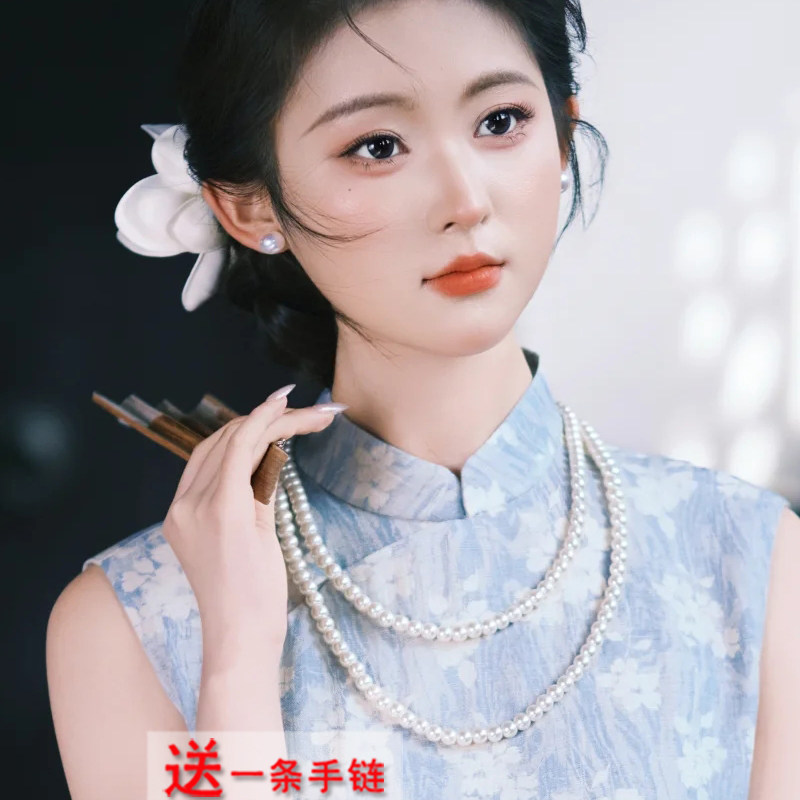 双层珍珠项链旗袍颈链女款复古长款饰品多层锁骨链毛衣链颈链701图片