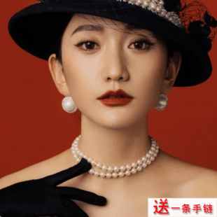 双层珍珠项链女夏季 三层配饰品多层叠戴毛衣链颈链choker项饰671