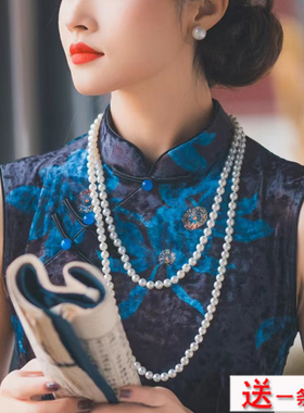 搭配旗袍珍珠项链多层叠戴款中长款毛衣链女士多圈锁骨链颈链389