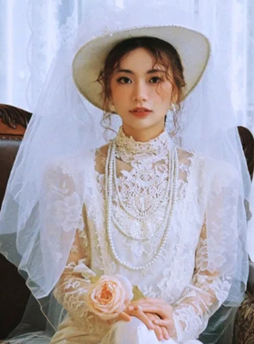 多层珍珠项链女士法式复古配婚纱礼服颈链子项圈中长款配饰品014