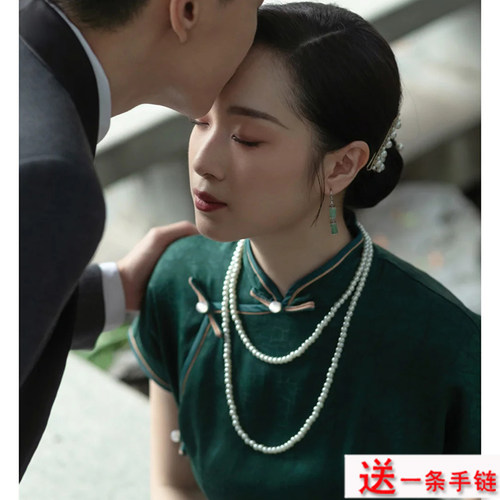 双层珍珠项链配旗袍配饰品中长款毛衣链子女士多圈锁骨链颈链145