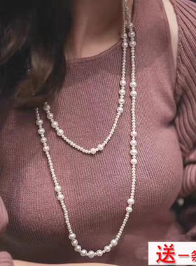 双层人造珍珠项链女士多层叠戴小香风毛衣链中长款颈链锁骨链304