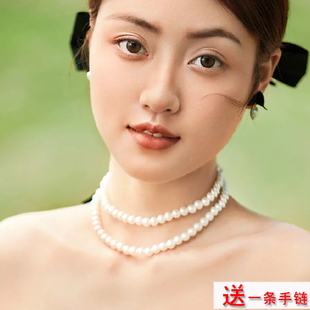 双层珍珠项链颈链子女士法式气质多层锁骨项链毛衣链子项饰品1186